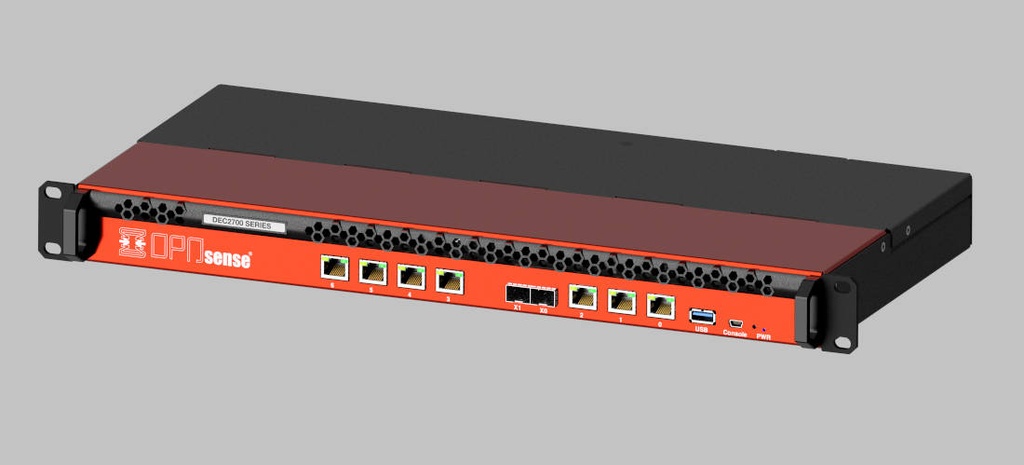 OPNsense DEC2770 Rack Appliance – perspektivische Ansicht des 19-Zoll-1U-Gehäuses
