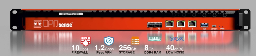 OPNsense DEC2700 Serie – Eckdaten: 10 Gbit/s Firewall, 1,2 Gbit/s IPsec, 256 GB Speicher, 8 GB DDR4