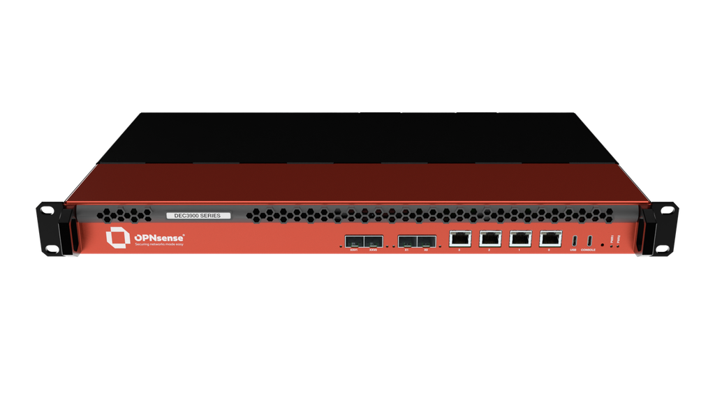 OPNsense DEC3960 Rack Appliance – Frontansicht mit zwei SFP28, zwei SFP+ und vier 2,5-GbE-Ports